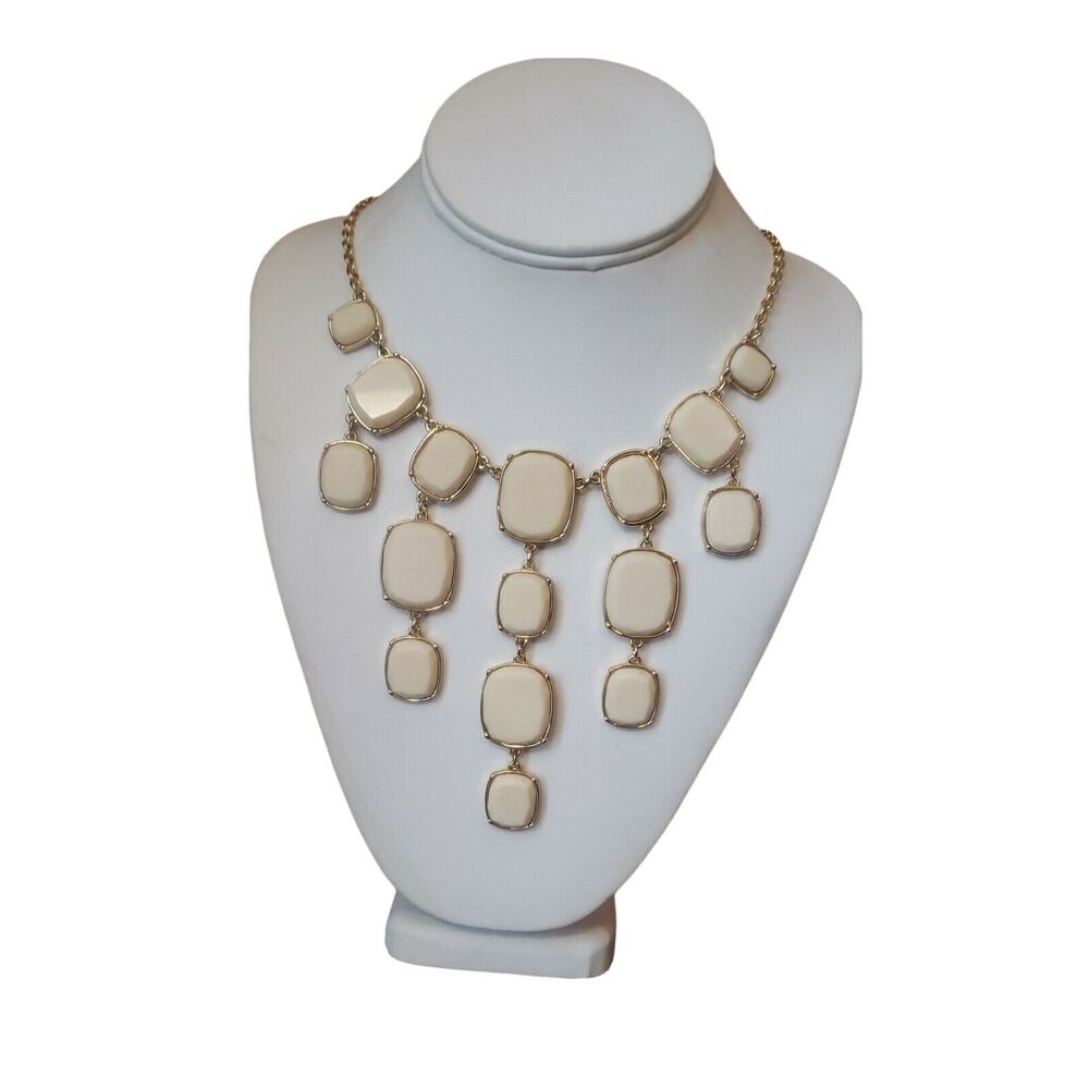 Liz Claiborne Gold tone Beige Statement Necklace Bib Runway Adjustable Length